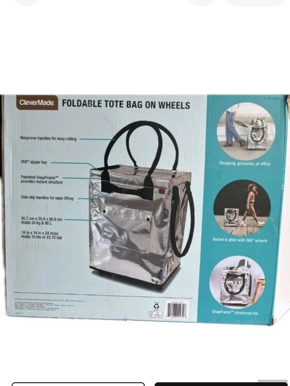 CleverMade Foldable Rolling Tote Bag 18"W x 24"H Soft Grip 90L 75lb Silver New - Picture 3 of 5